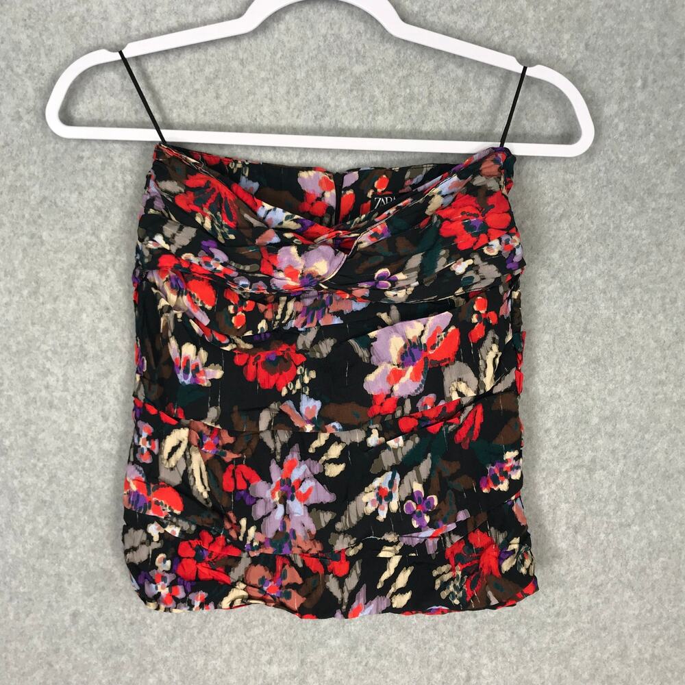 NEW ZARA Ruched Floral Skirt XS Red Black Twist Layered Dark Romantic Metallic